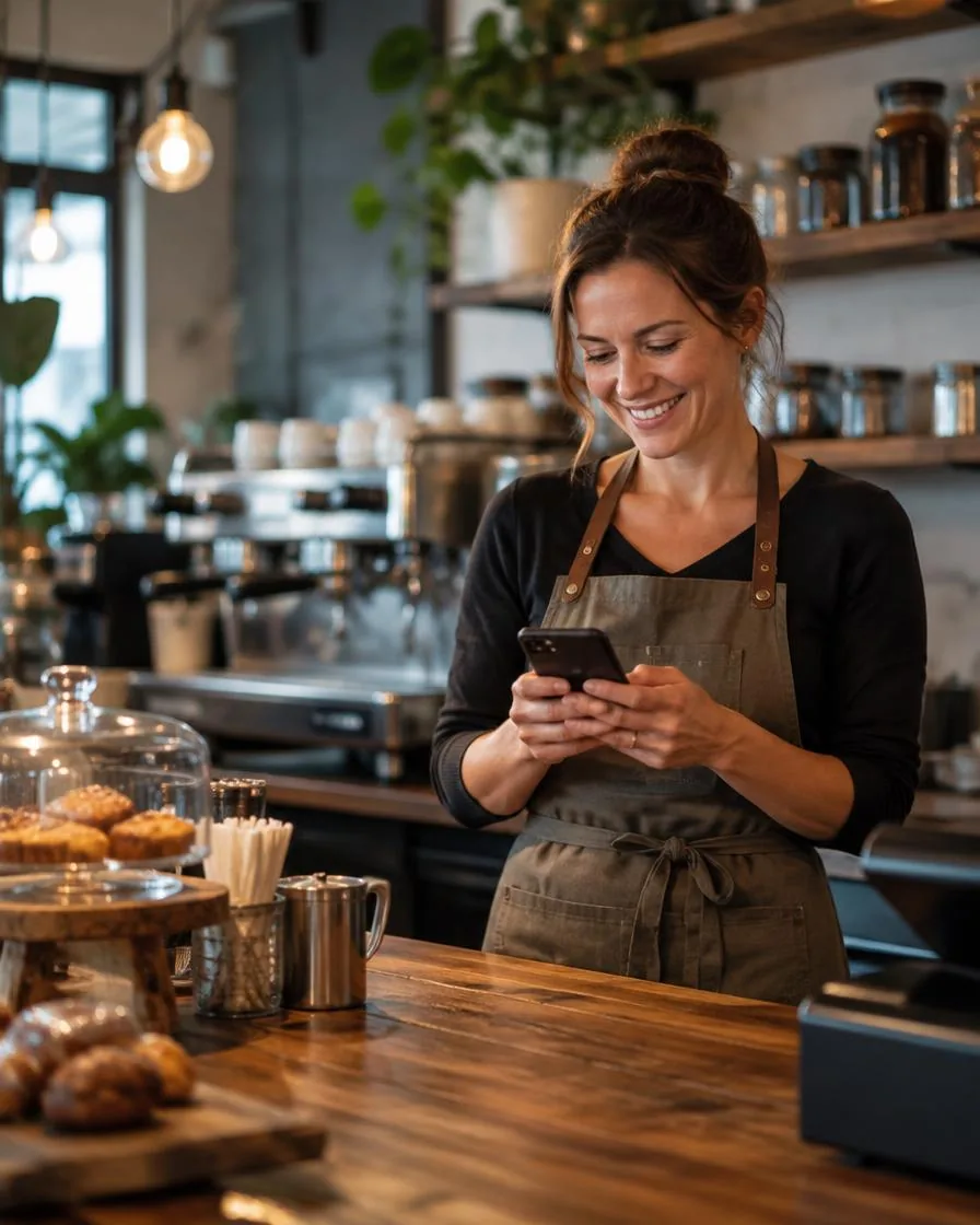 Propriétaire de café souriante qui consulte son téléphone derrière son comptoir (image d'illustration)