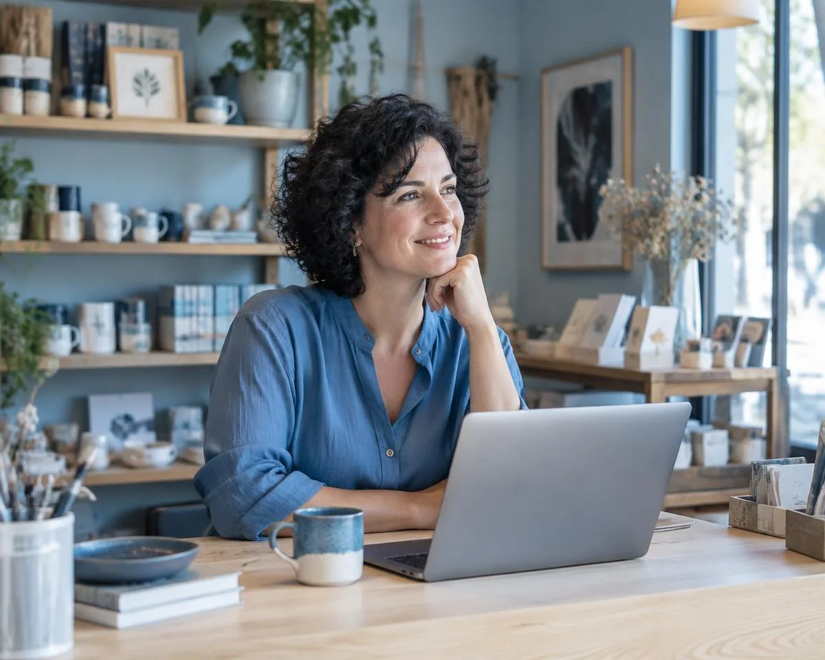 Illustration : propriétaire de boutique souriante à son comptoir avec un ordinateur et une tasse de café