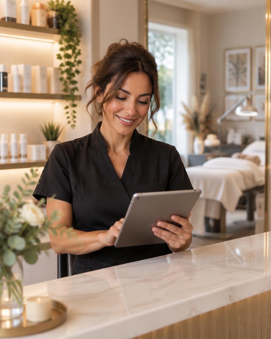 Propriétaire d'un salon d'esthétique qui consulte sa tablette à l'accueil