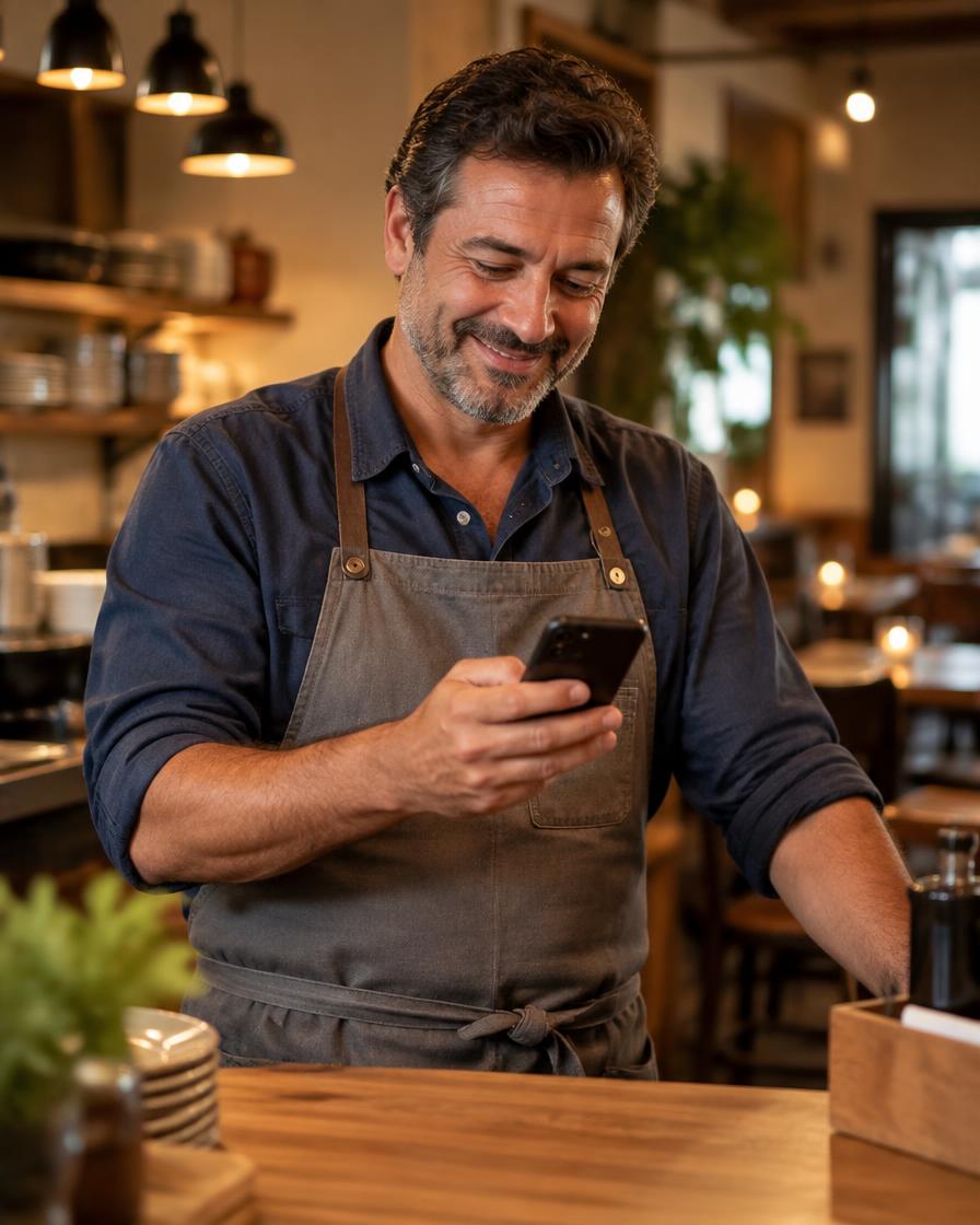 Propriétaire de restaurant qui consulte son téléphone au comptoir