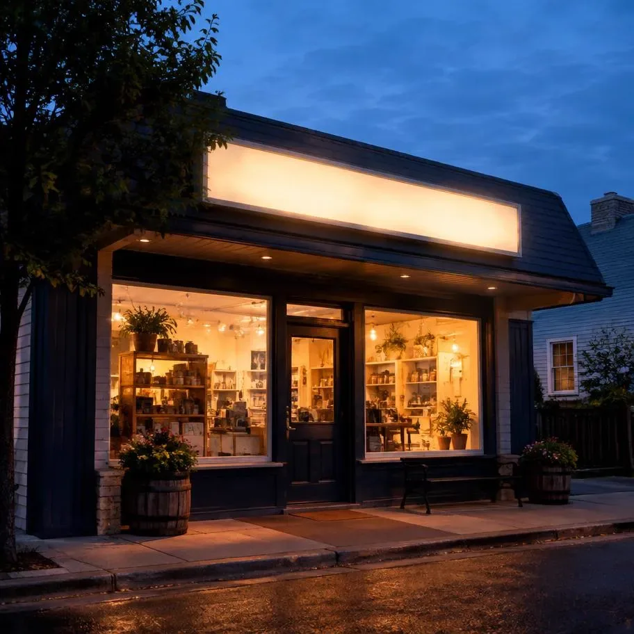 Devanture d'un petit commerce local au crépuscule, enseigne allumée