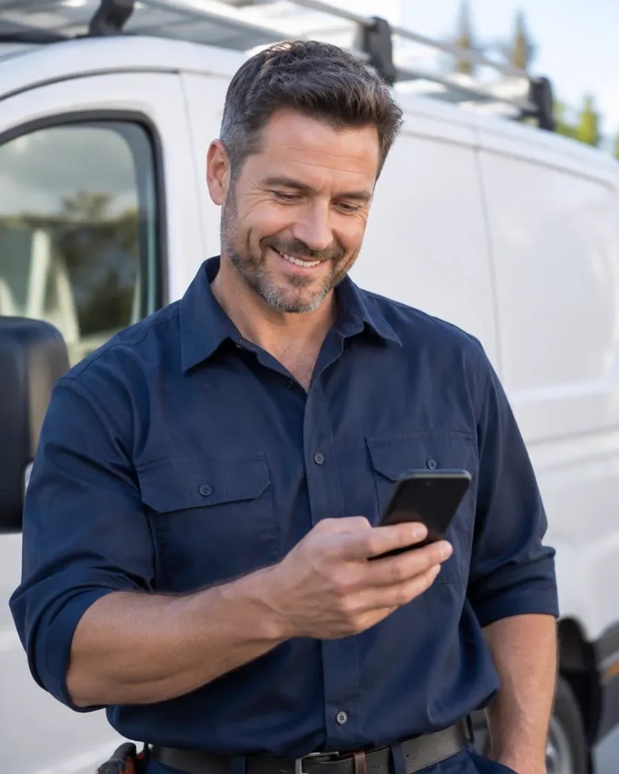 Smiling tradesman checking his phone in front of his service van