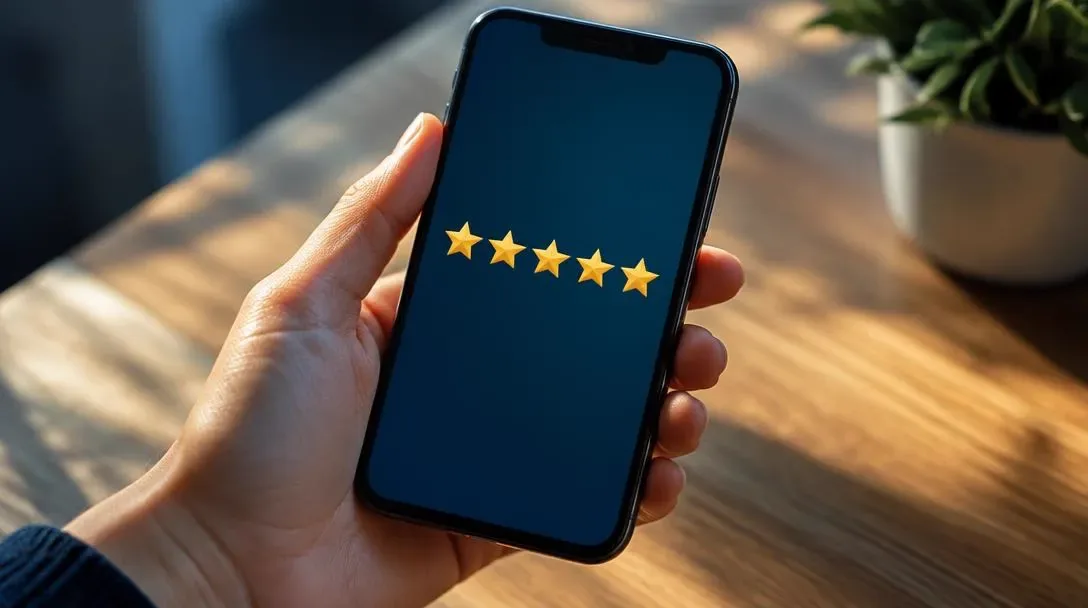 Hand holding a phone showing five stars