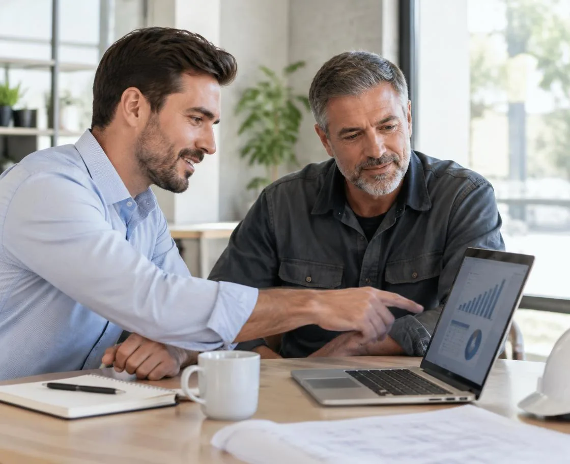 An advisor and a renovation contractor looking at charts on a laptop