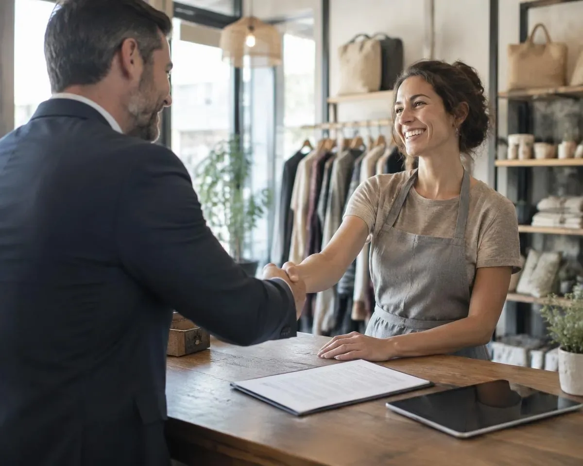 Conseiller qui serre la main d'une propriétaire de boutique au comptoir, avec un contrat et une tablette