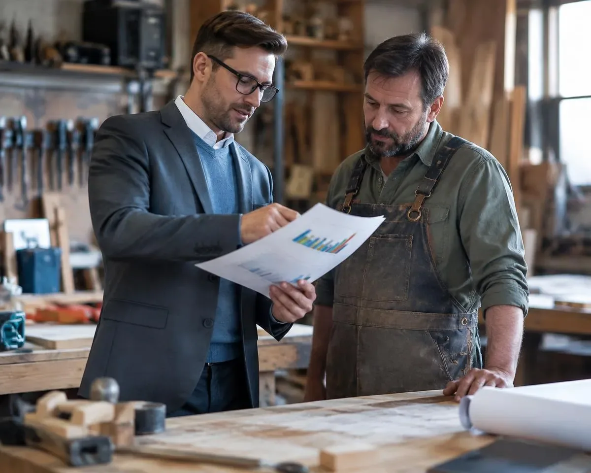 Conseiller qui présente un rapport imprimé avec graphiques à un artisan dans son atelier