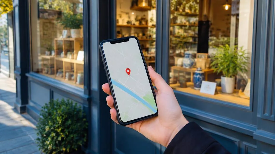 Téléphone affichant une carte avec une épingle devant une vitrine