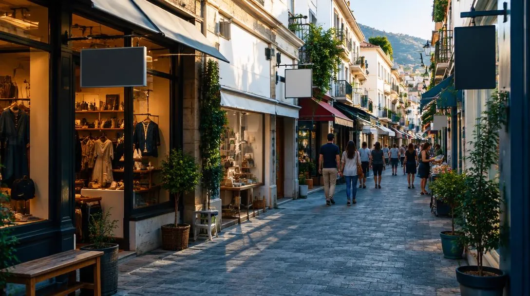 Rue commerçante animée avec de petits commerces