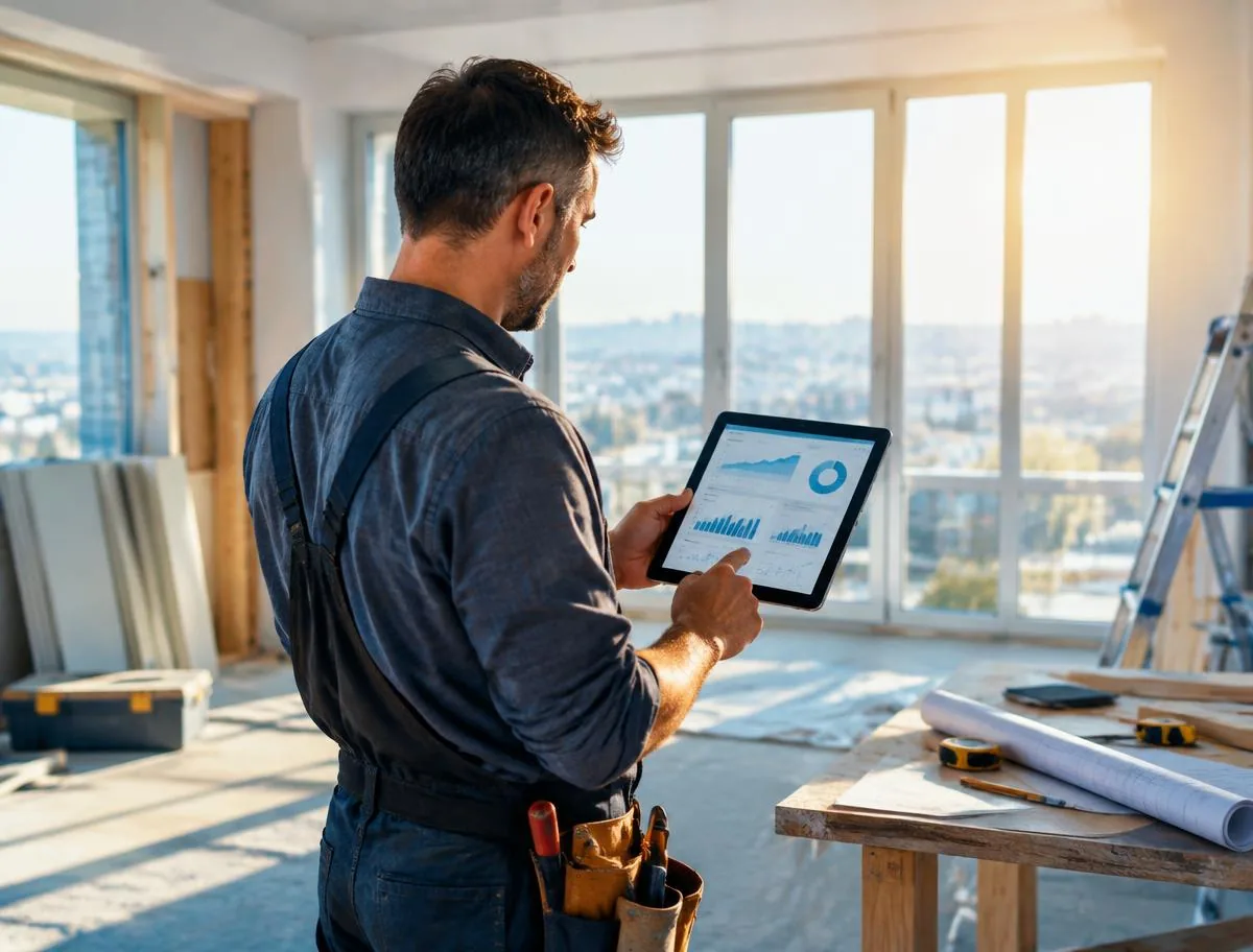 Entrepreneur en rénovation qui regarde un tableau de bord de campagne sur une tablette sur un chantier