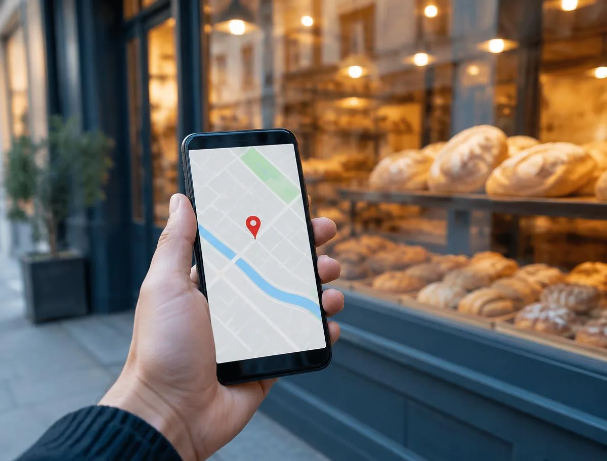 Téléphone tenu devant la vitrine d'une boulangerie, écran montrant une carte avec une épingle