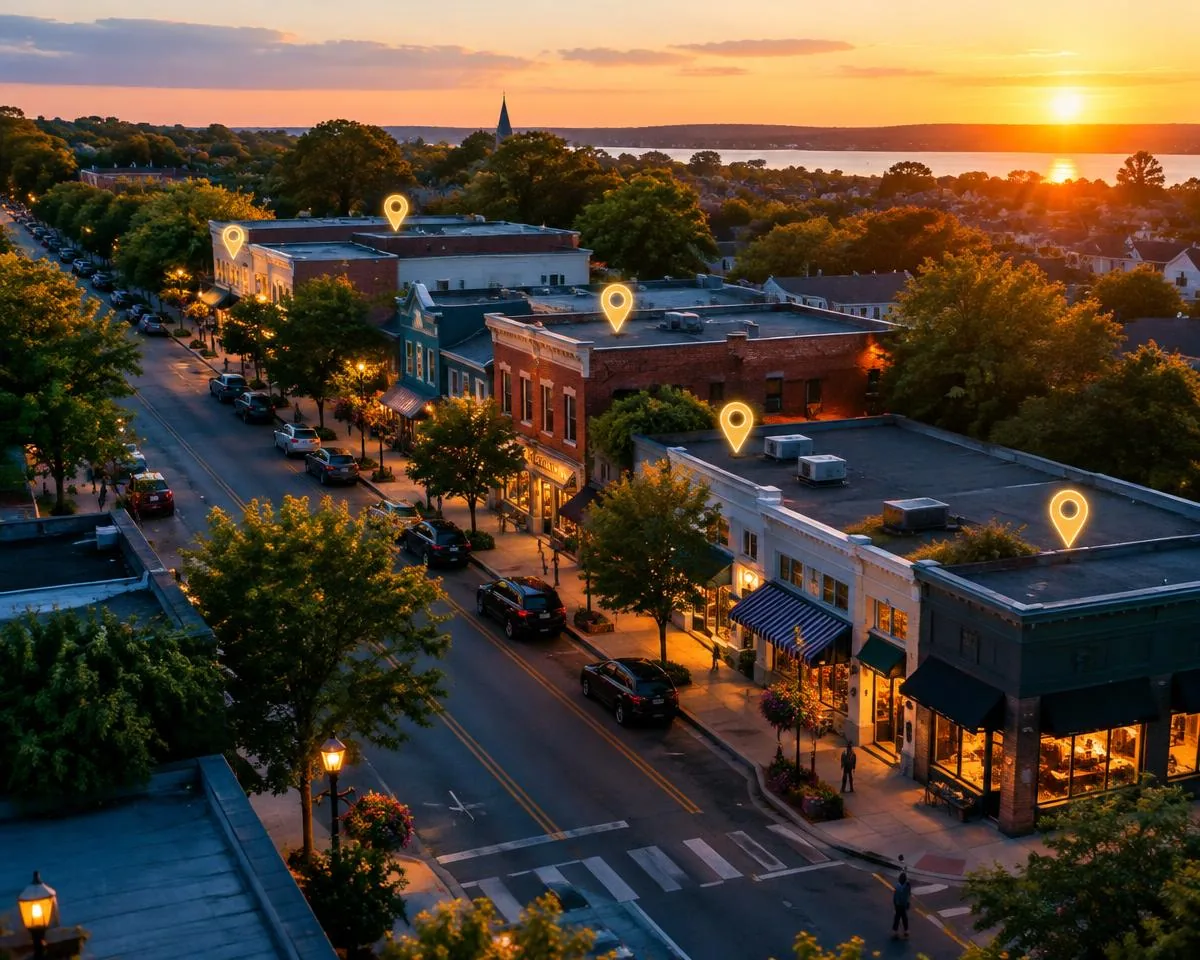 Vue en plongée d'une rue commerçante de quartier au coucher du soleil avec des épingles de localisation lumineuses