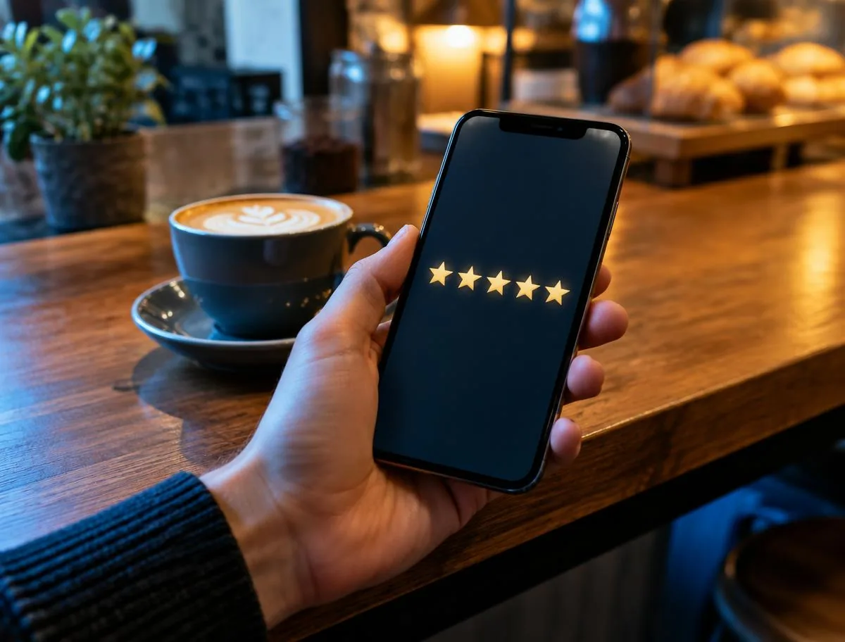 Main qui tient un téléphone montrant cinq étoiles au comptoir d'un café