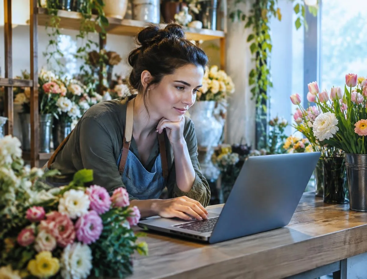 Fleuriste qui regarde des résultats de recherche sur son ordinateur dans sa boutique