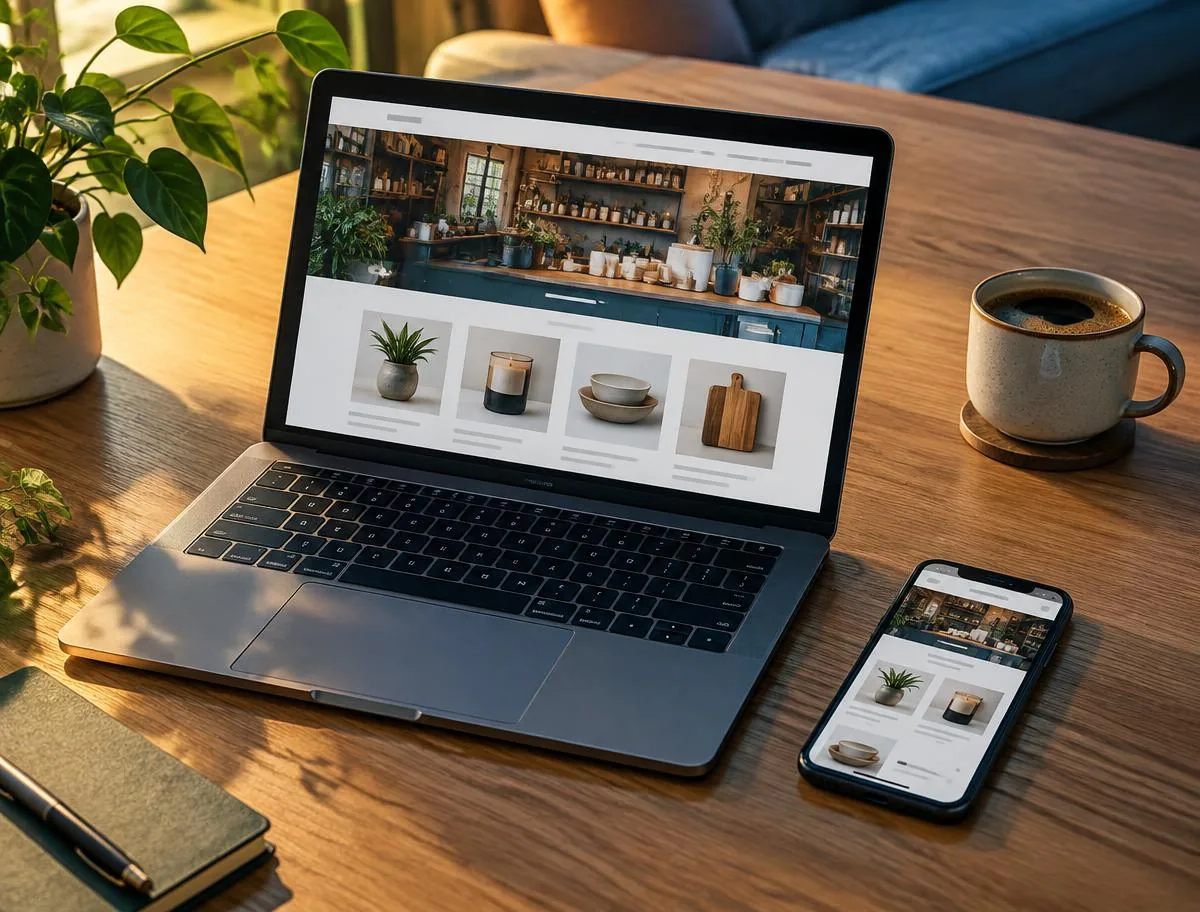 Ordinateur portable et téléphone sur un bureau affichant le site moderne d'un commerce local